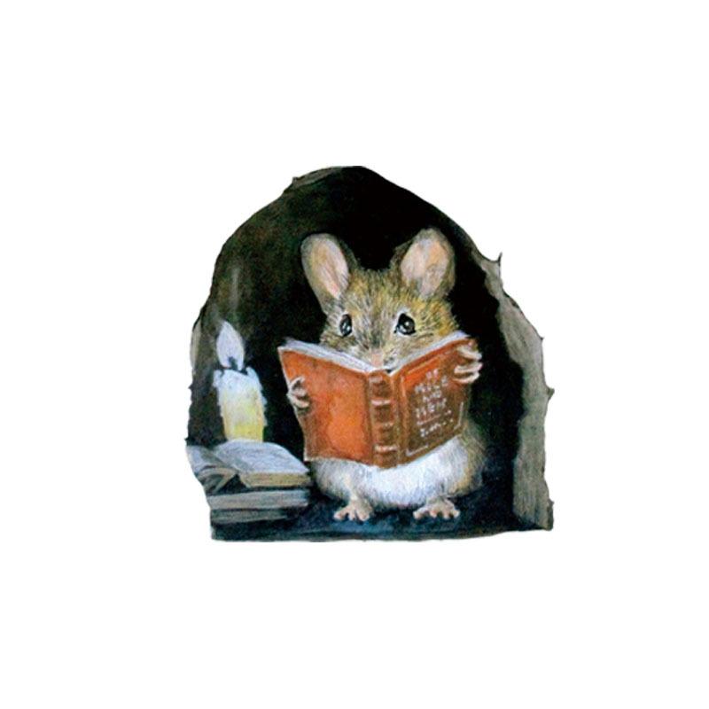 3pcs Cartoon Cute Reading Under Candlelight Little Mouse Free To Stick Mouse Hole Home Wall Decoration Wall Stickers