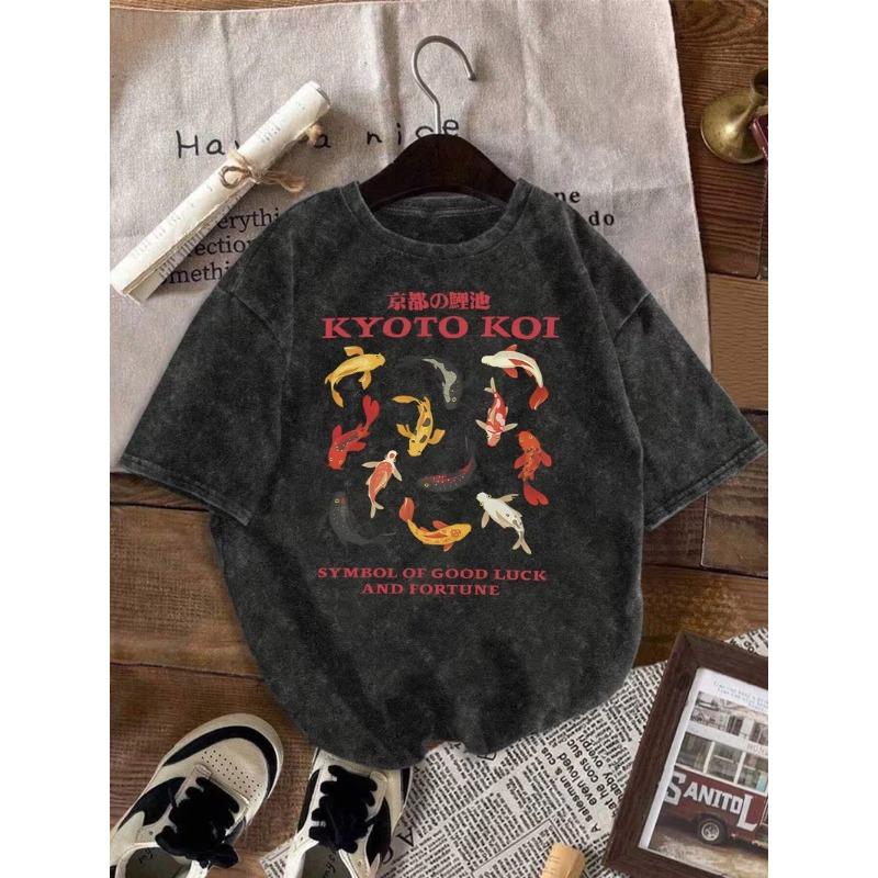 Vintage Washed Kyoto Koi Fish TShirt Retro Japanese Good Luck Fortune Koi Print Oversize Short Sleeve Loose Fit Crew Neck Top S