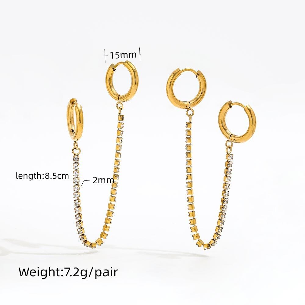 Fenny No Fade 18K Gold-plated Zirconia Pave Chain Tassel Double Ciecle Huggie Earring Stainless Steel Ladies Jewelry