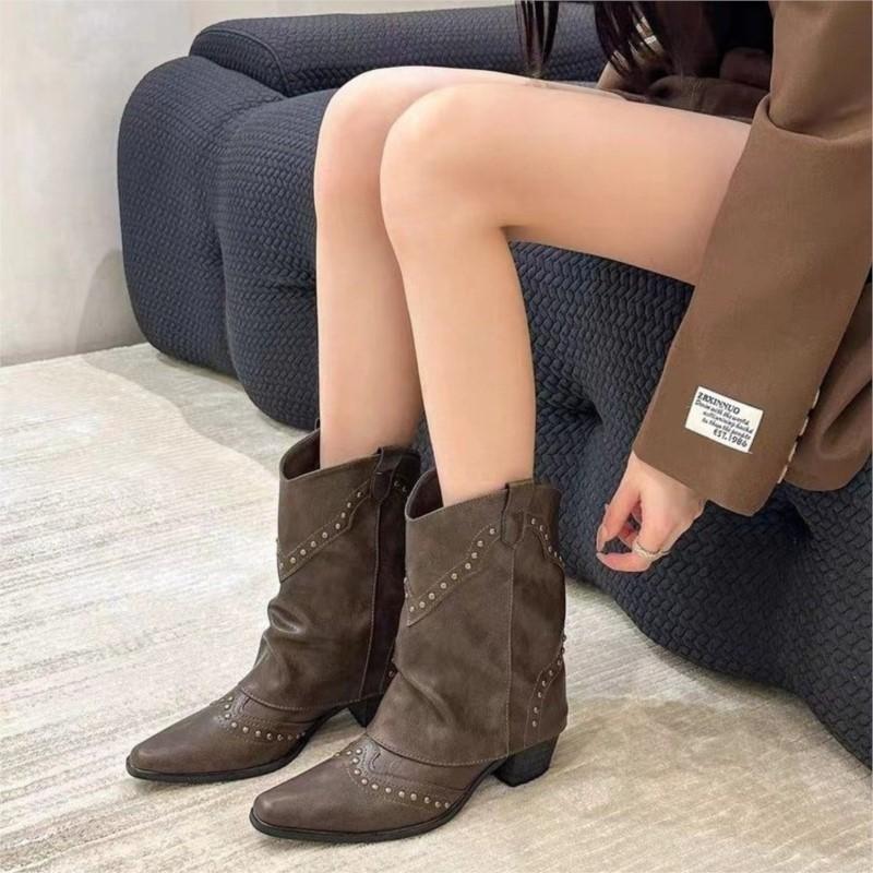 Vintage brown V-button boots Fashion Western cowboy boots Rivets design smoke tube boots Women's short ankle boots C1276