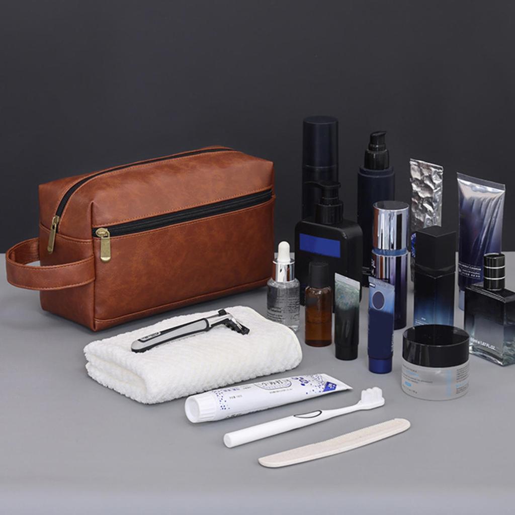 Men Leather Travel Business Shaving Cosmetic Pouch Strorage Bag Portable Toiletry Bag Large Capacity Organizer Handheld Toiletry Kits