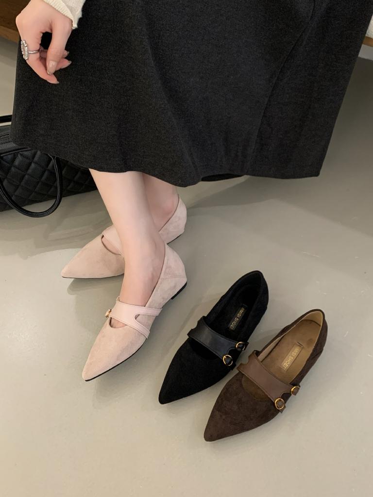 Retro pointed matte splicing one-word buckle shallow mouth single shoes women's inner height increase shallow mouth temperament work shoes