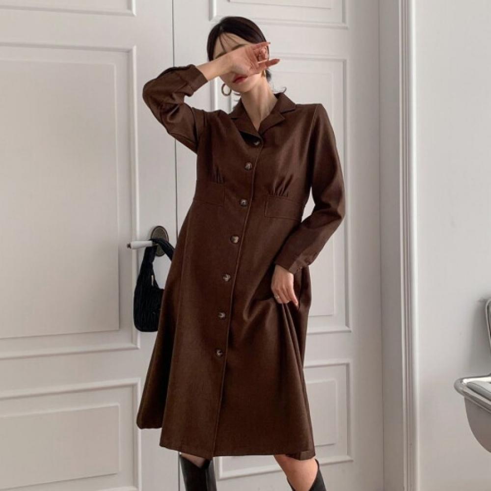 Shop Women CollAred Neck Button Open Shirring Wool Guest Look A Line Mididress