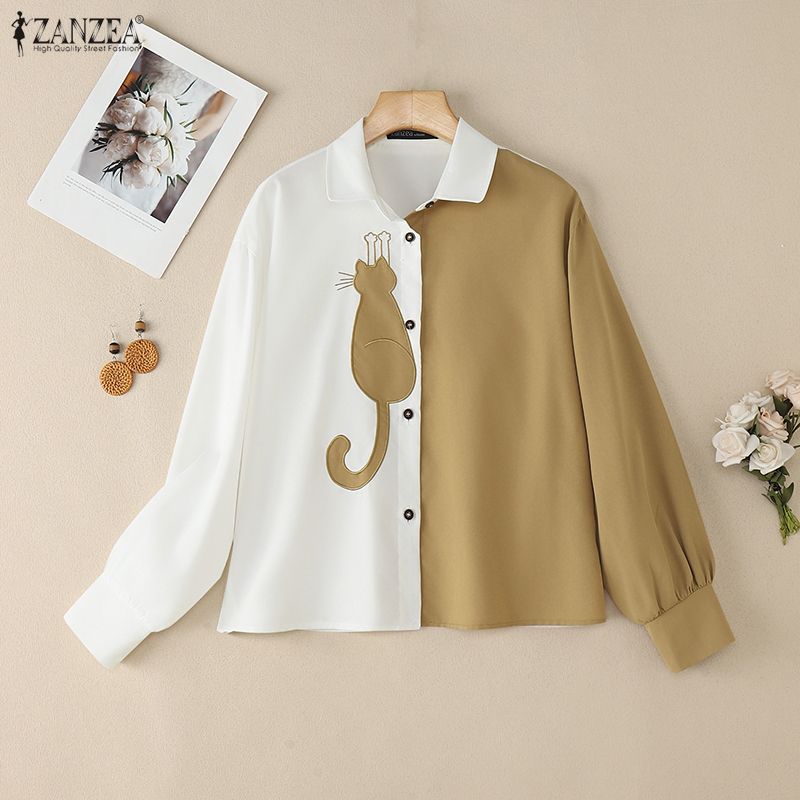 ZANZEA Blusa informal de retales de manga larga con cuello vuelto para mujer