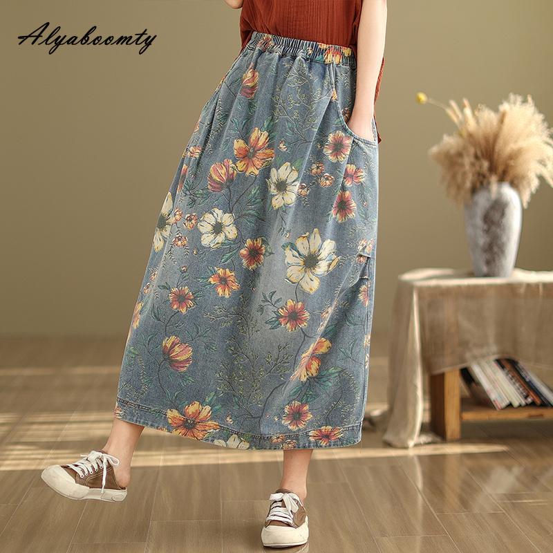 Mori Girl Spring Autumn Women Midi Denim Skirt Elastic Waist Floral Print Vintage Skirt Retro Elegant Ladies's Skirt With Pockets