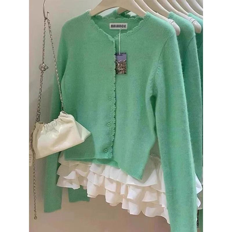 

European Goods High-Grade Green Lace Knit cardigan Women Spring and Autumn Outdoor Loose Idle Style Mohair Sweater Outerwear Green S
