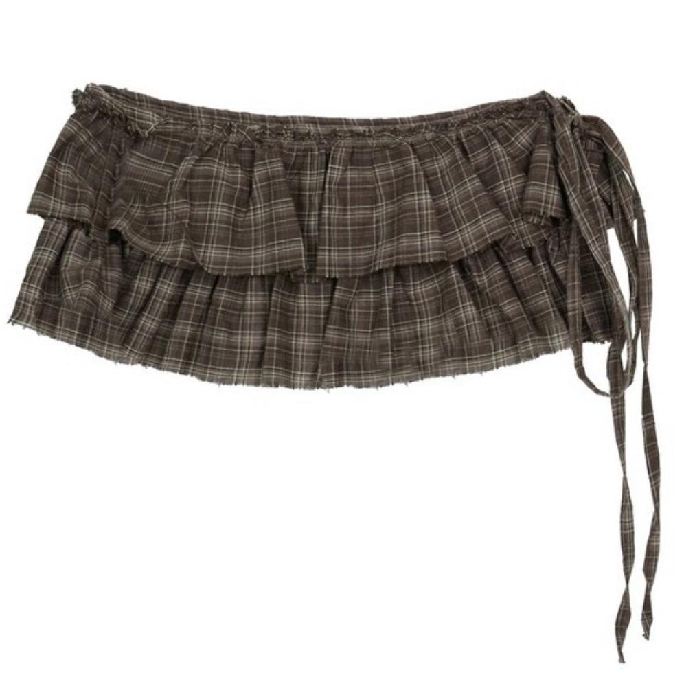 

Two-Tone Plaid Pleated Skirt with Lace Waist Tie and Rear Flap One Size