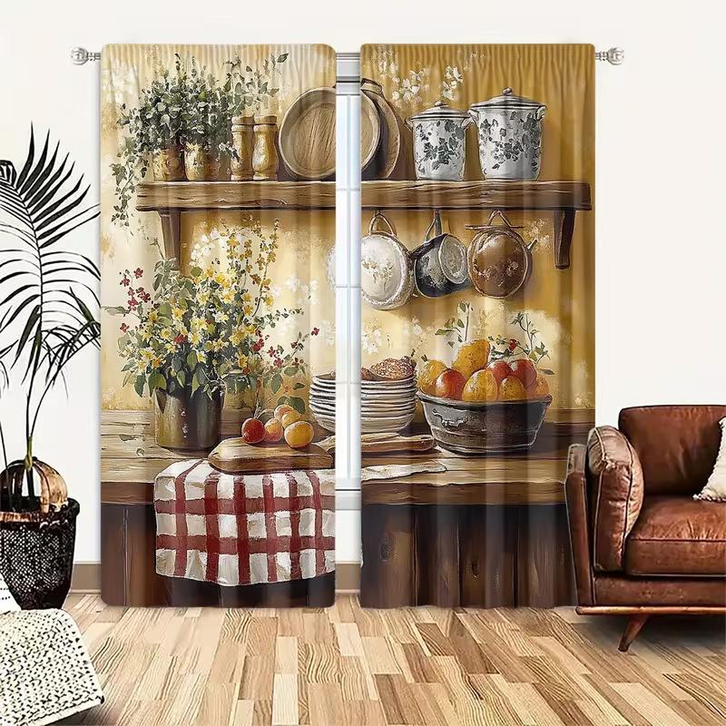 2 Pcs Retro kitchen print curtains,suitable for bedroom,living room kitchen decoration,home decoration,window decoration