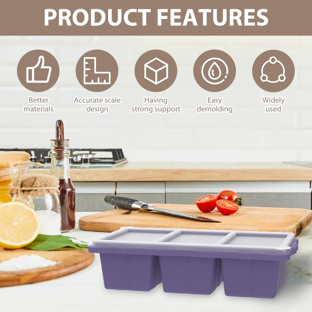 2Pcs 3 Grid Silicone Freezer Tray Food Freezer Container with Lid Soup Reusable Sauce Cube Mold Kitchen Accessories 1 Cup/250 ml