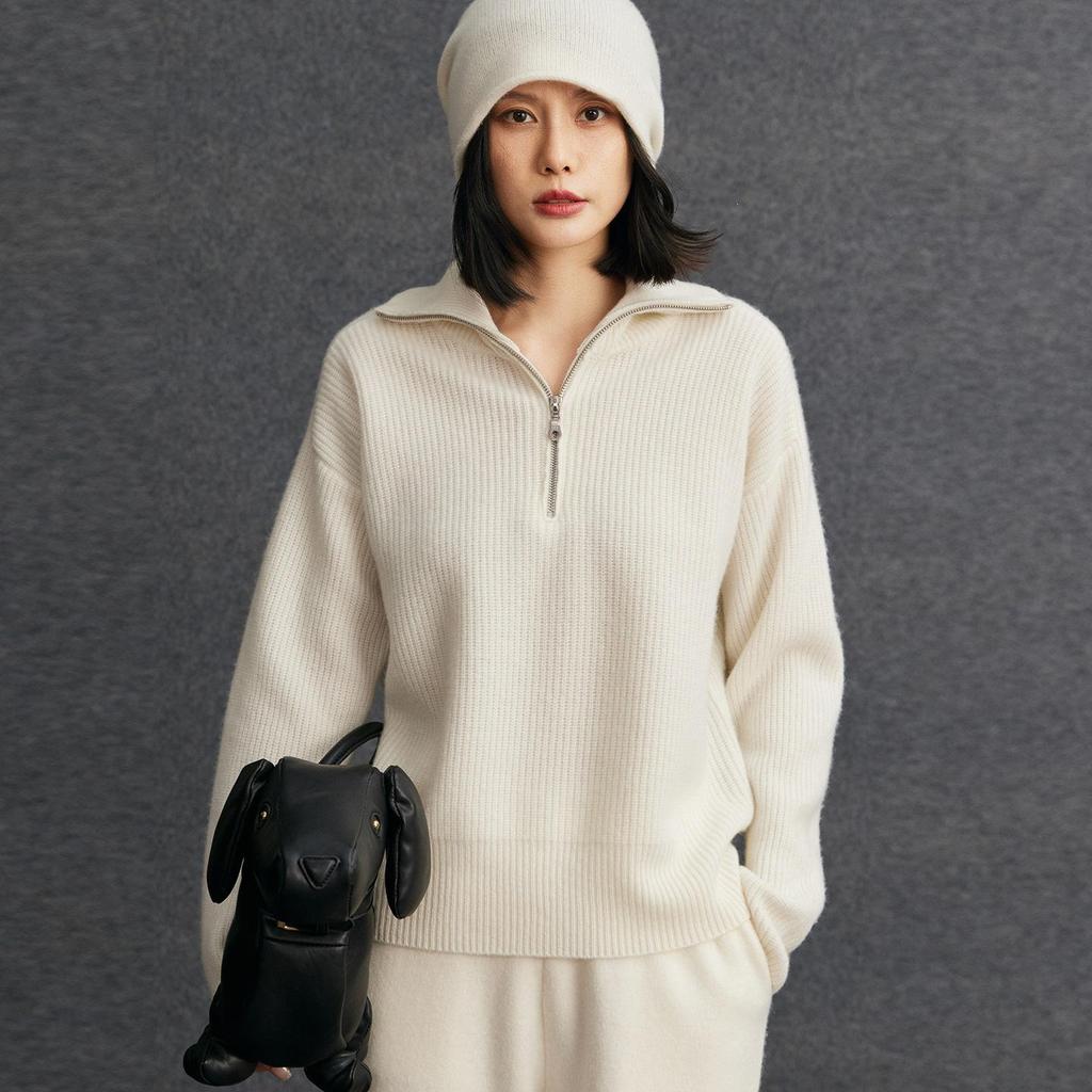 Women's Cashmere Floral Half-Zip Pullover - Autumn/Winter Lazy Style Knitwear