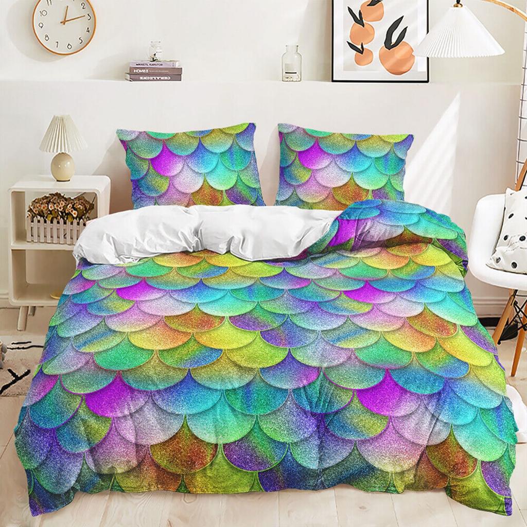 Ombre Gradient Colorful Fish Scales Mermaid Kids Duvet Doona Quilt Cover Bed Set