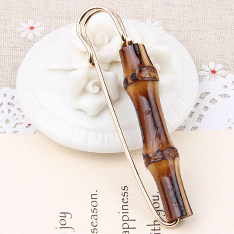 Golden Vintage Natural Bamboo Suit Pin Metal U Shape Buckle Garment Brooch Pin Jewelry Men Women Brooches Suit Chest Flower