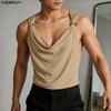 Men Low Cowl Neck Sleeveless Ruffled Casual Fitted Tank Tops Vest