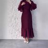 Spring & Autumn Temperament Long Dress: Solid Color Mesh Stitching with Pleated Ruffle Hem
