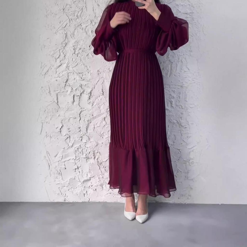 Spring & Autumn Temperament Long Dress: Solid Color Mesh Stitching with Pleated Ruffle Hem