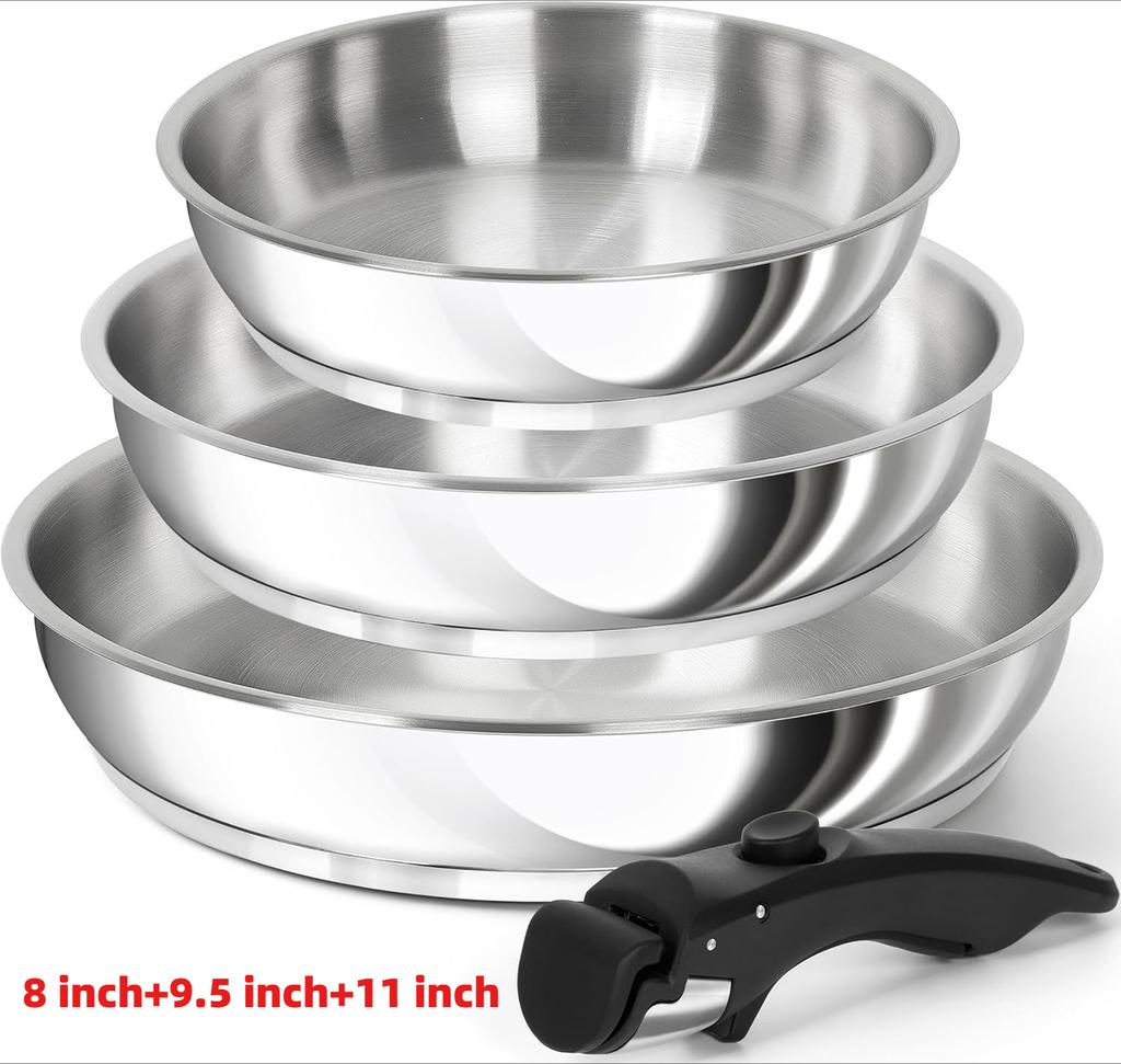 MICHELANGELO Stainless Steel Non-stick Frying Pan Set Cooking Pans with Removable Handle Triply Base Stainless Steel Pan Set