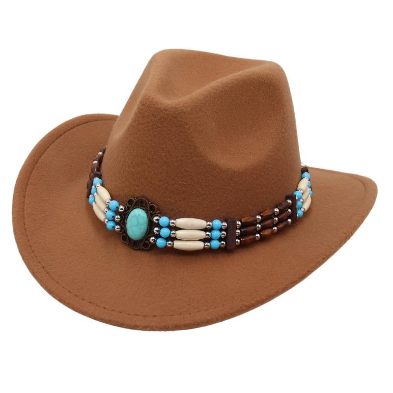 Ethnic Style Western Cowboy Top Hat Turquoise Horseback Riding Jazz Hat Crimped Felt Hat Literary And Retro Sun Hat
