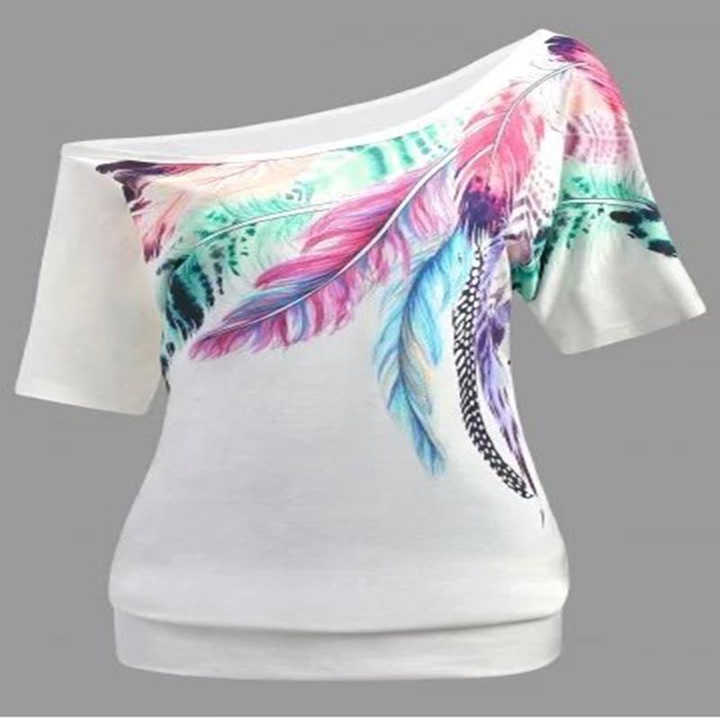 Luxurious Off The Shoulder Floral Print Short Sleeve Women's T-shirts Top Plus Size