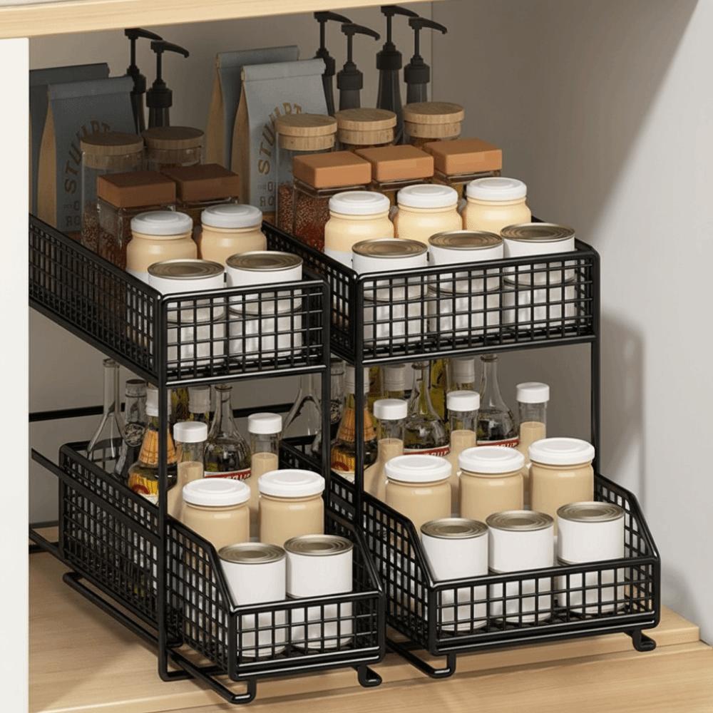 Iron 2 Tier Storage Basket Stable Frame Sliding Cabinet Basket Cabinet Organizer for Kitchen