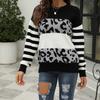 Women S Loose Knit Sweater Round Neck Long Sleeve Leopard Print Color Block Pullover
