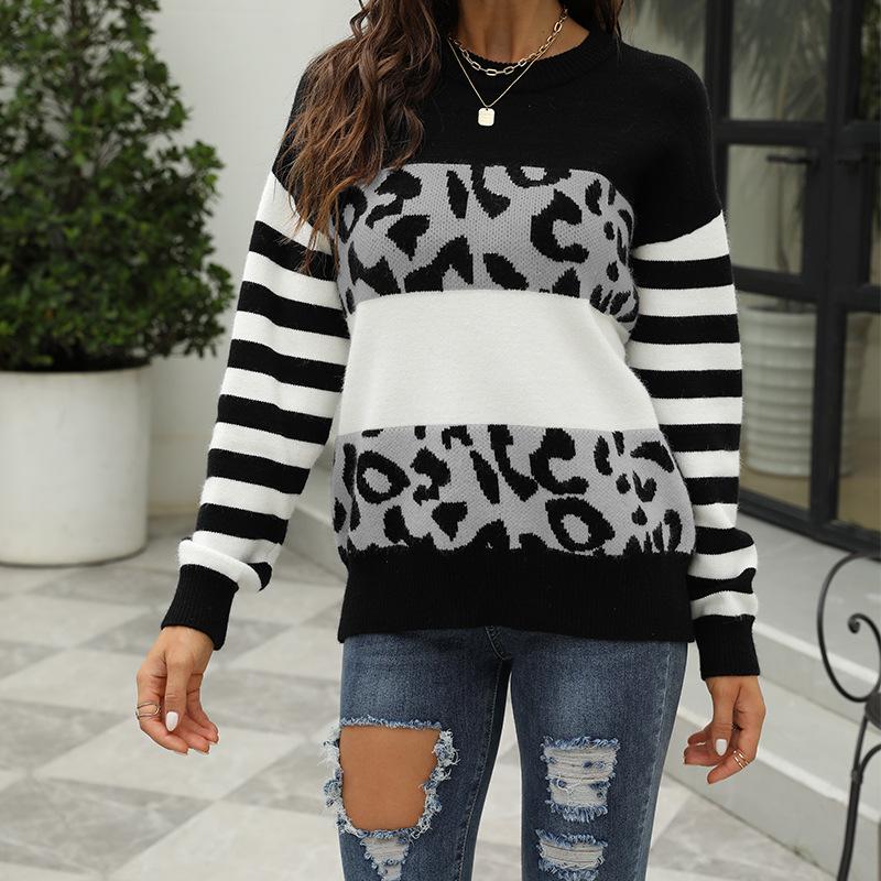 Women S Loose Knit Sweater Round Neck Long Sleeve Leopard Print Color Block Pullover