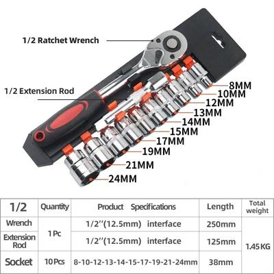 12pcs 1/2 Inch Socket Wrench Set Metric Impact Sockets Ratchet Spanner Complete Tool Kit Professional Repair Tool Garage