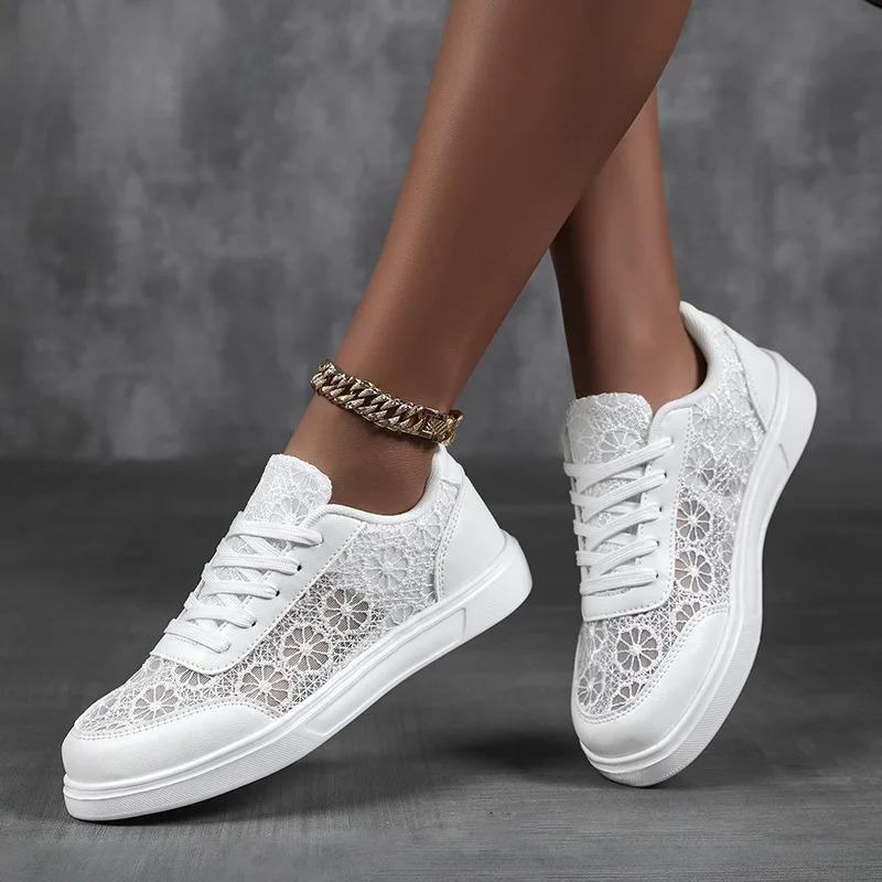Fashion Lace White Shoes Women Hollow-out Walking Flats Breathable Mesh Casual Footwear for Jogging Traveling