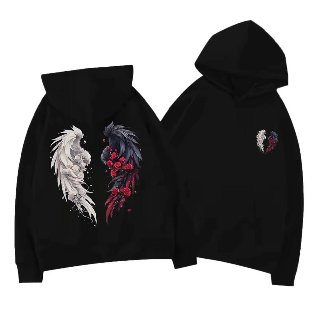 American Retro Rose Wing Print Autumn and Winter New Hooded Sweater Men's and Women's Loose Fleece Loose Hoodie