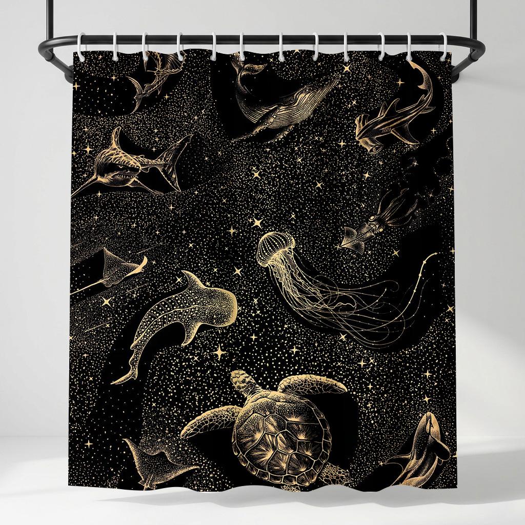

Celestial Gold Marine Life Shower Curtain, Black Galaxy Sea Turtle Jellyfish Bathroom Decor, Night Starry Ocean Bath Curtain W60H190(CM)-1 Pcs