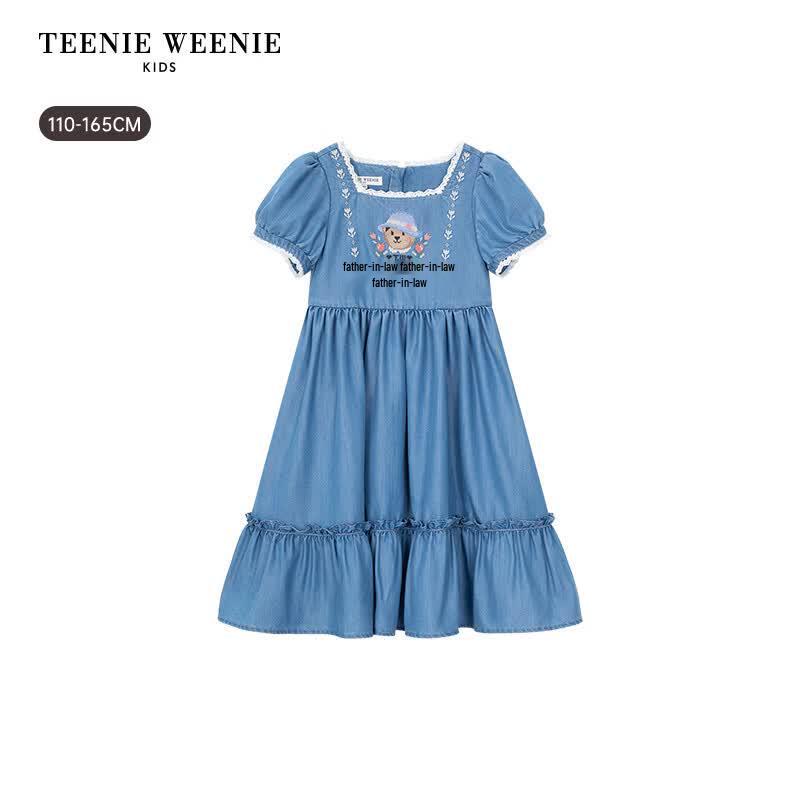 Teenie Weenie Kids Girls' Square Neck Puff Sleeve Denim Dress