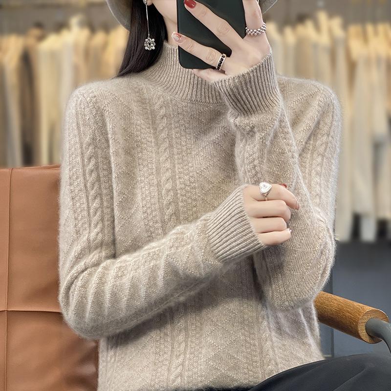 

Autumn and winter new thickened jacquard semi-turtleneck long-sleeved women s top knitted sweater loose and thin jacket inside and outside XXL
