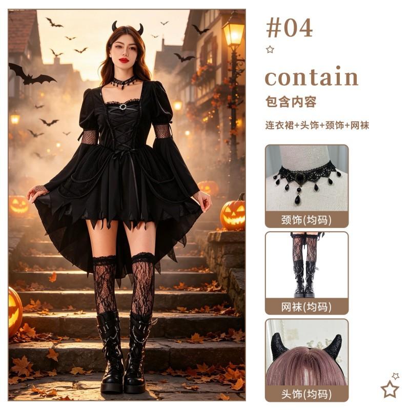 Gothic Witch Costume Women Halloween Party Dress With Hat Accessories Stage Performance Outfit