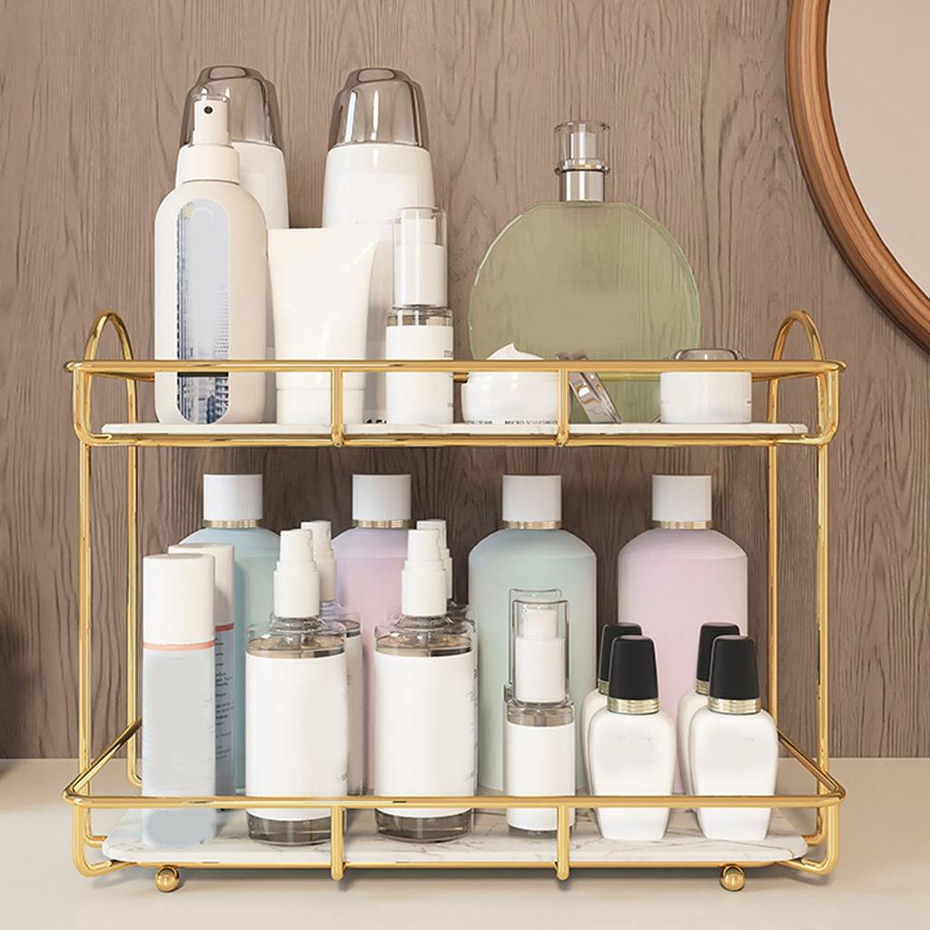 Badezimmer-Aufbewahrungsregal Gold Weiß 2 Etagen Make-up-Regal Humanisierte Struktur Anti-Rutsch-Arbeitsplatte