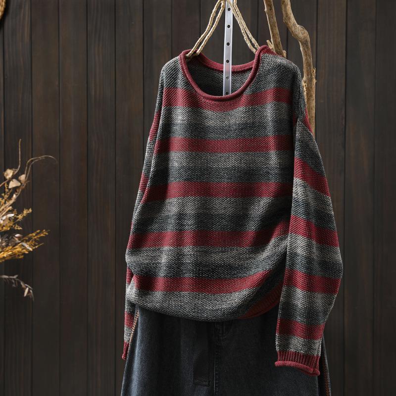 2025 Autumn Women's Striped Color Block Cotton Sweater - Loose Knit Versatile Pullover Base Layer