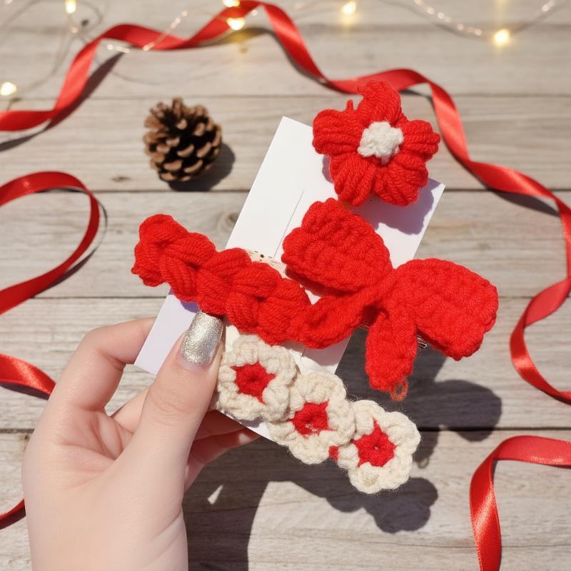 4Pcs Cute Knit BB Hair Clips Handmade Flower Bow Bang Clips for Kids Perfect for Christmas Festival Celebration
