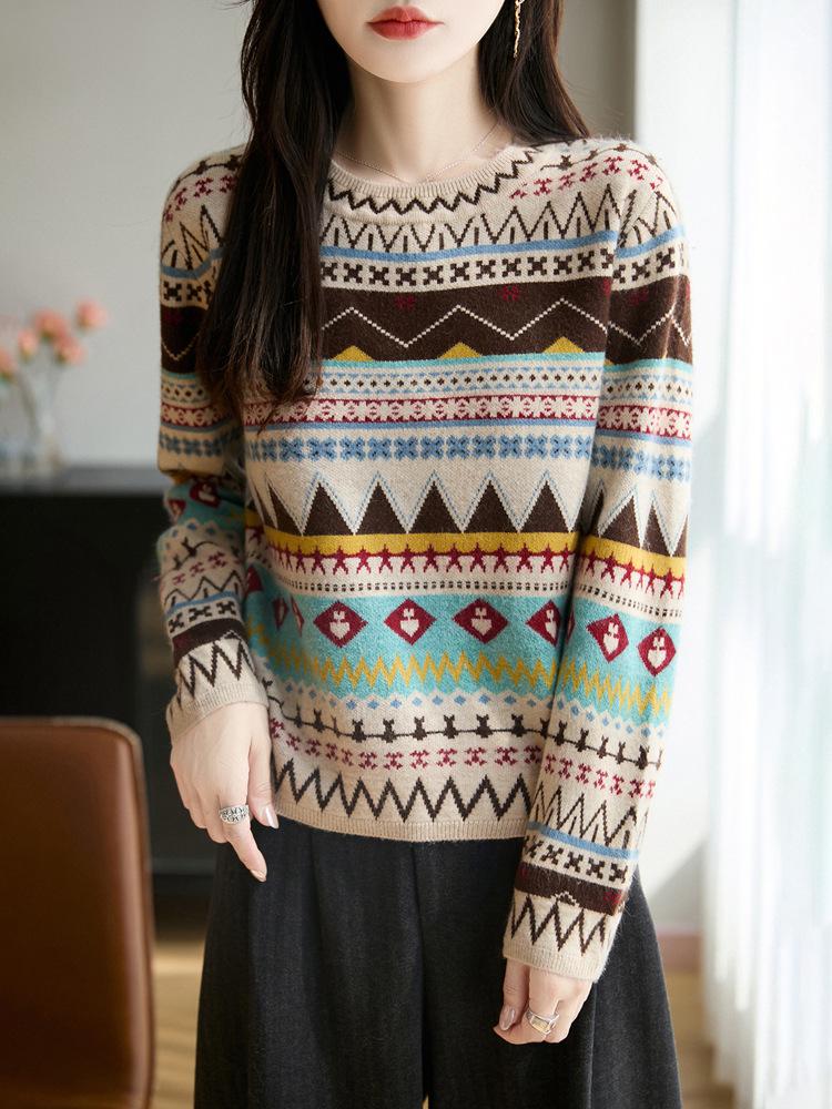 Versatile Ethnic Style Color Block Knit Cardigan Sweater for Women - Round Neck, Retro, Multi-Season