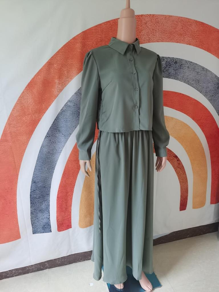 In-Stock Midi Skirt Set: 2024 Long-Sleeved Shirt Casual Dress for Muslim Arab Women