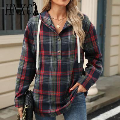 Dámske módne ležérne mikiny s kapucňou a dlhým rukávom so štvorcovým vzorom