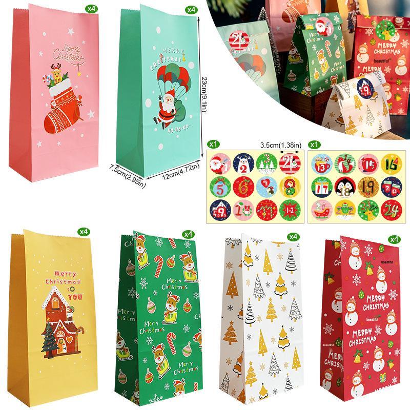 Christmas Gift Bags with Stickers - 24 Sets Advent Calendar Candy Paper Bags