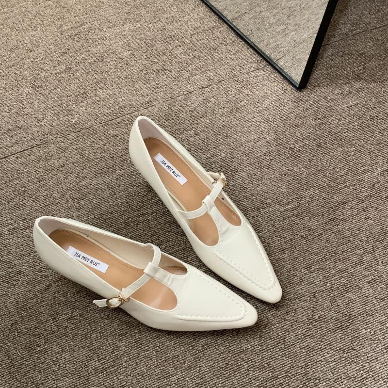 2025 spring new single shoes women s hollow pointed tip thin heel shallow mouth Mary Jane shoes niche white A medium heel shoes women 35