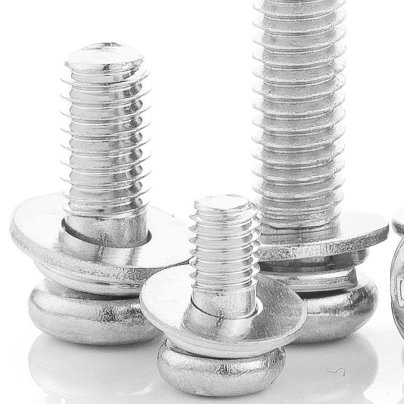 304 Stainless Steel Three-Combination Screw with Round & Cross Pan Head, Flat & Spring Washer - M2/M3/M4