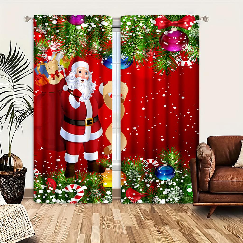 2pcs Set Red Christmas Curtains with Green Leaf, Soft Polyester, Rod Pocket Design for Living Room, Bedroom, Kitchen, And Office