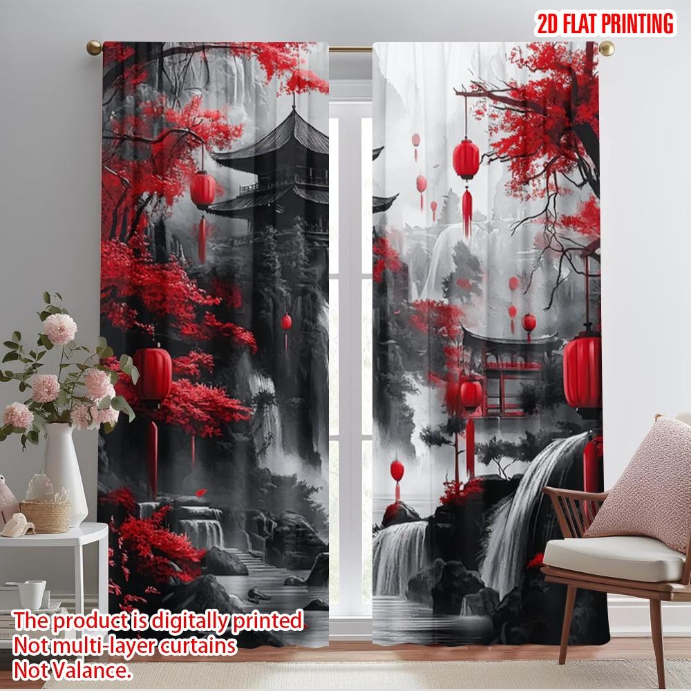 

2pcs,2D plane printing Light Filtering Curtains Crimson Cascade Durable 100% Polyester Fabric (without rod) Art Deco Festive 52.50×116.00 CM 2pcs