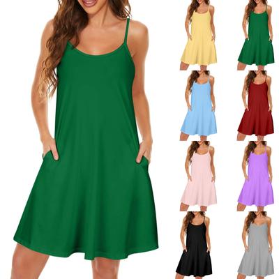 Women's Slim Fitting Dress Fashion Solid Color Round Neck Pocket Sling Strap Dress