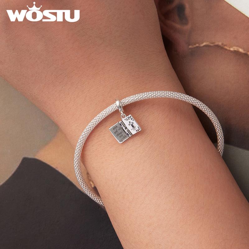 WOSTU 925 Silver Religious Openable Bible Book Charm Cross Faith Pendant Celtic Knot bead Fir Bracelet DIY Family Gift