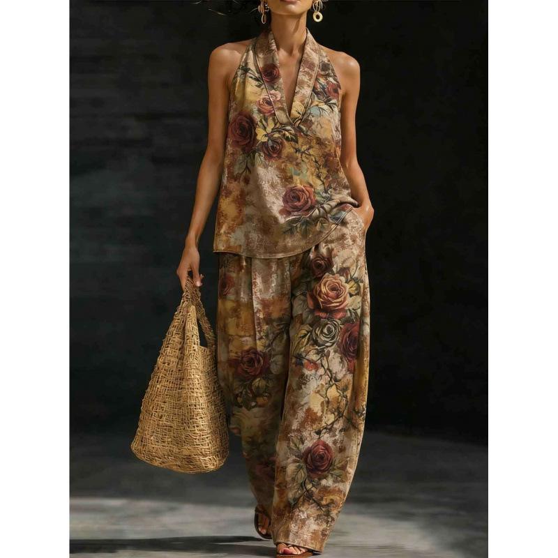 1116 set European and American women's clothing printed neck V-neck sleeveless casual pants set