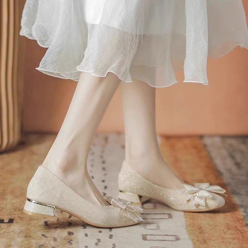 Flat single shoes women's 2025 new soft sole square head shallow mouth French gentle wind one pedal bridesmaid wedding shoes bride shoes