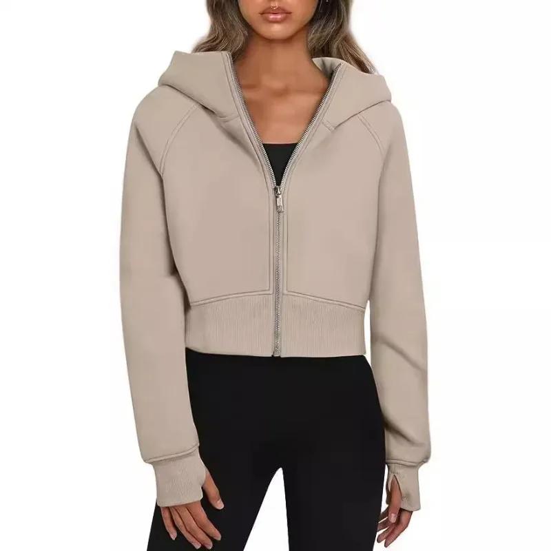 Autumn Winter Solid Color Fashion Women's Hooded Zipper Short Casual Plush Long-sleeved Sweatshirt Chic Y2k Clothes Casual Tops