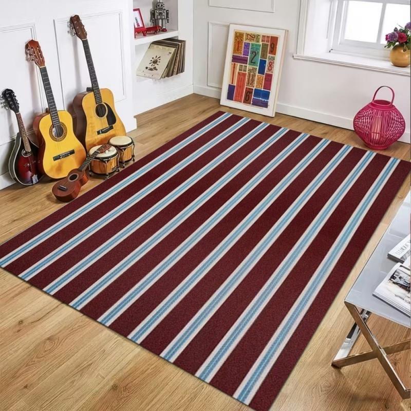 Modern Light Blue Orange Striped Area Rug Non-Slip Floor Mat for Living Room Bedroom Minimalist Coastal Home Decor