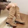 Herbst Winter Vintage Stretch Slim Frau Kniehohe Stiefel Schuhe Mode Niedrige Absatzschuhe Damen Plissiert Modern Lang Botas